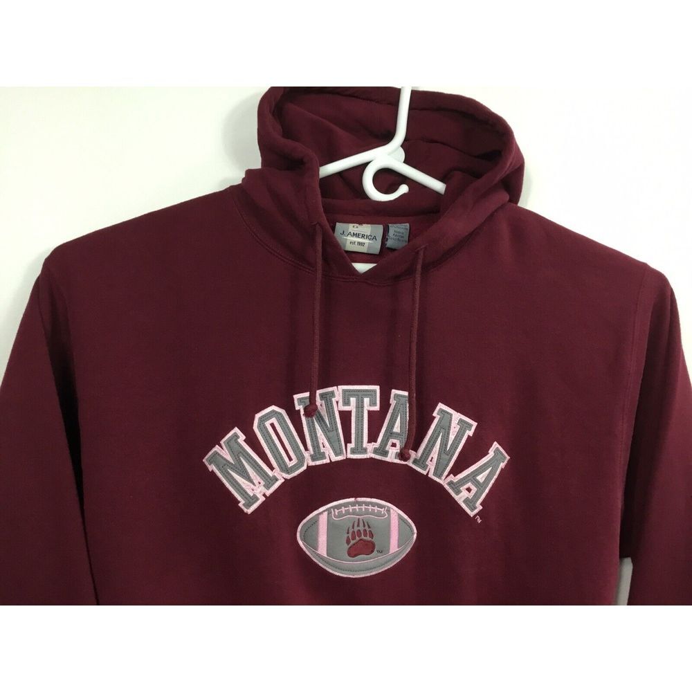 J America Montana  Football Hoodie Burgundy Cotton Sweatshirt Adults size L‎